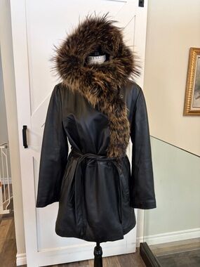 Vintage Danier Black Leather Coat with Raccoon Fur Trim – Belted Wrap Style| Y2K